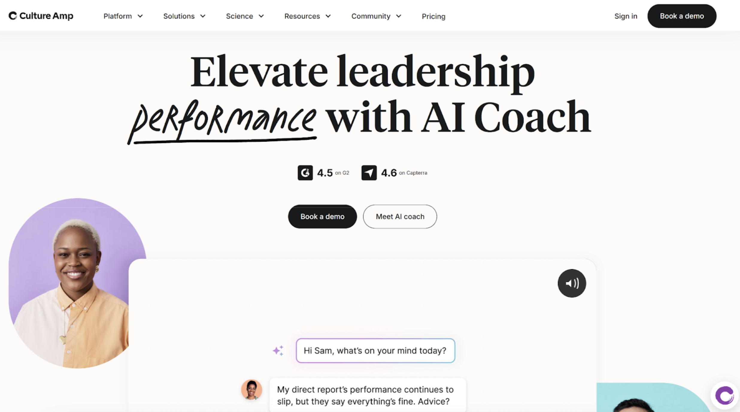 Culture Amp’s home page, which shows an employee asking an AI chatbot for advice about a direct report’s performance